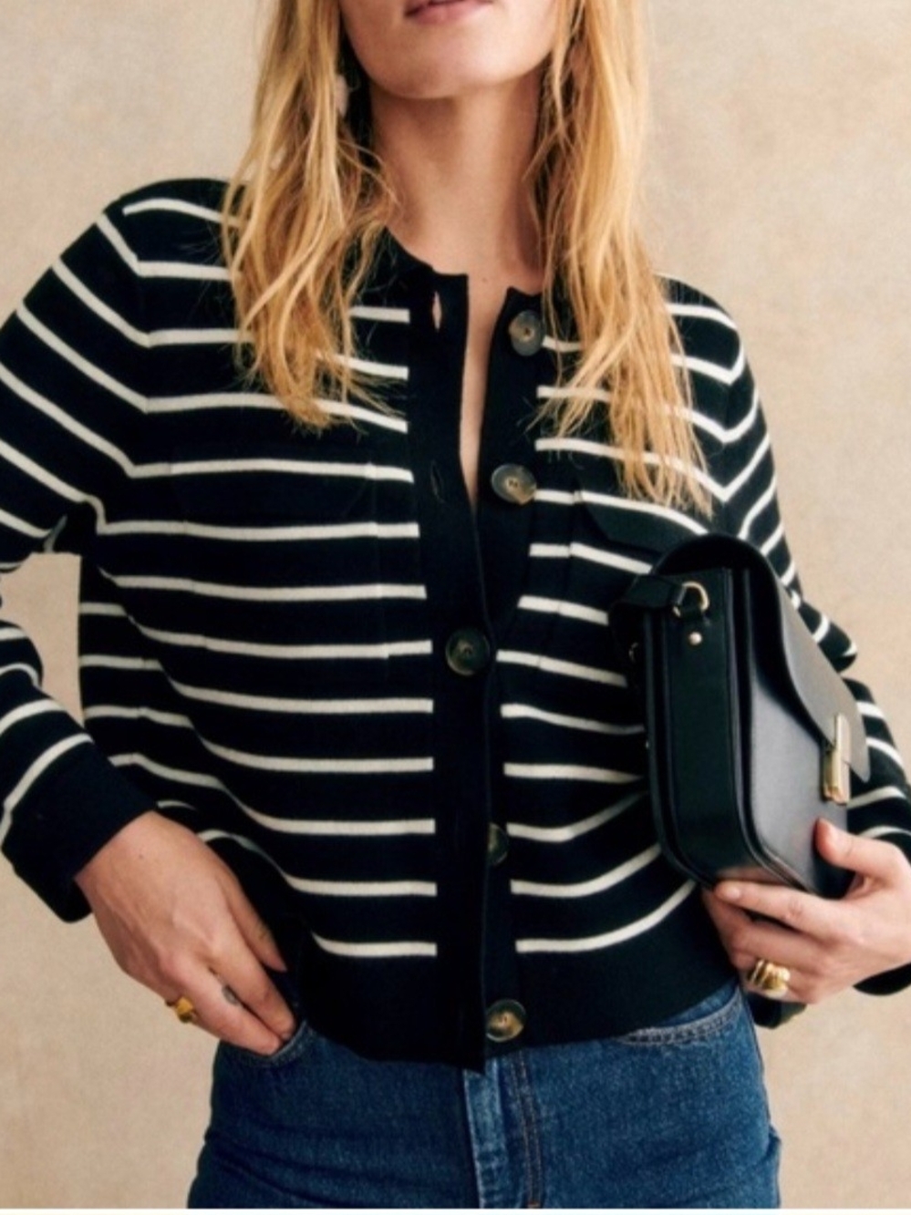 Sezane Black and White Striped Button Cardigan